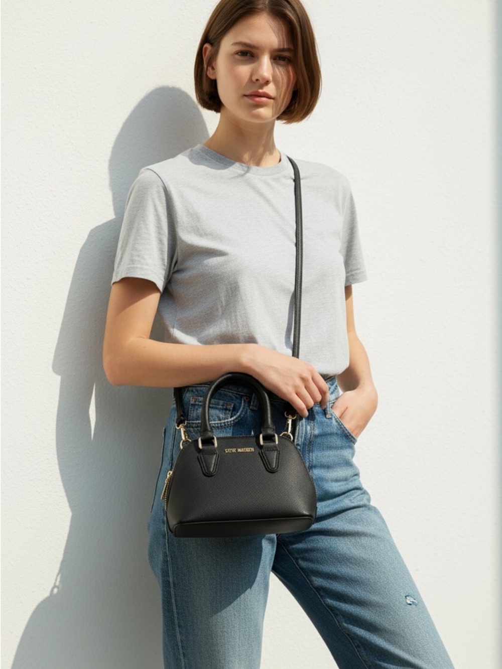 Steve Madden Black Mini Dome Satchel with Gold Accents
